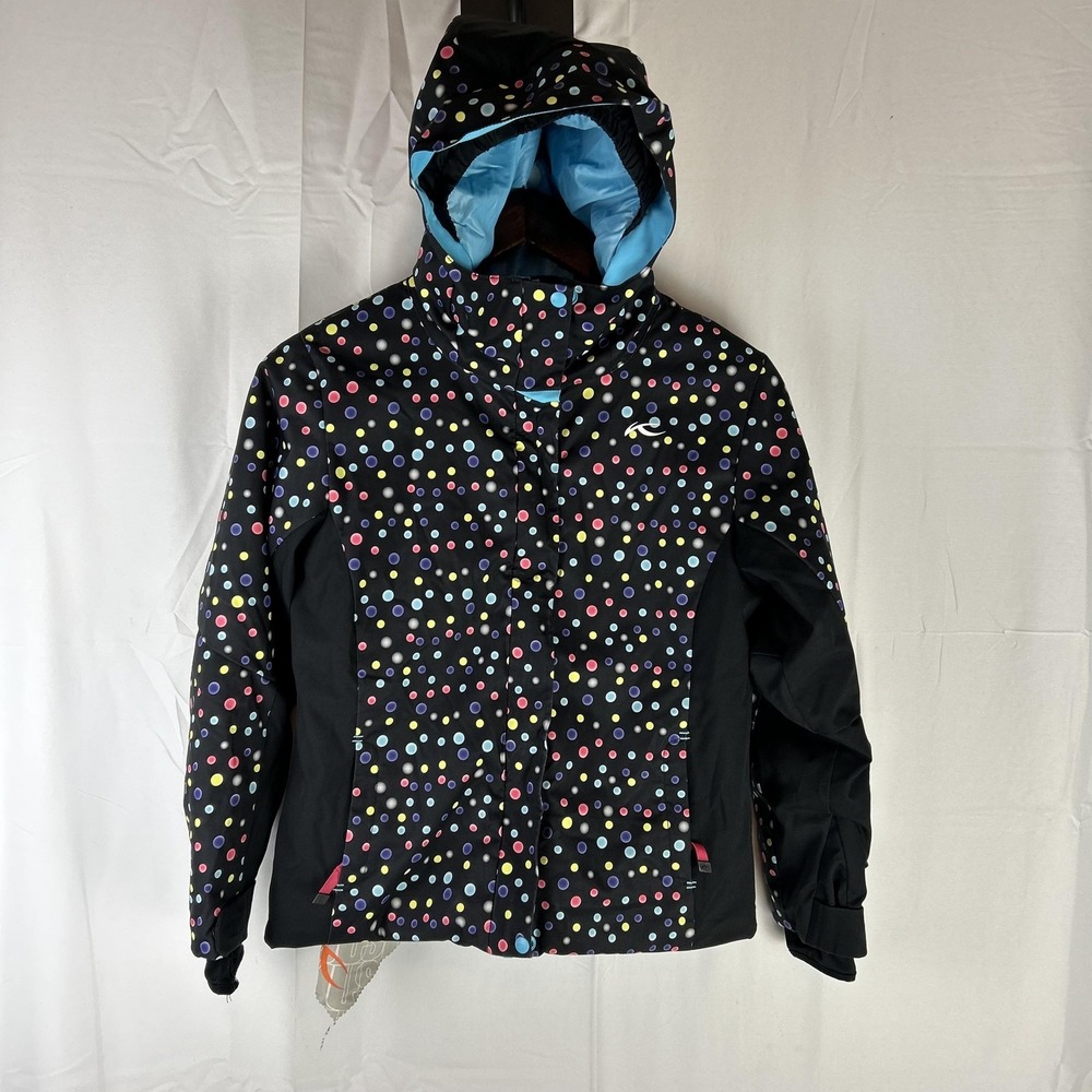 KJUS Ski Jacket Kids 9-10/140 Black Polka Dot Hooded Insulated Snow RECCO Skiing
